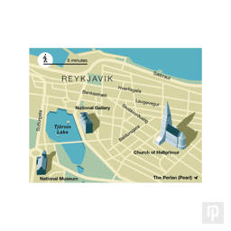 A city map of Reykjavik, including 3d illustrations of landmark buildings