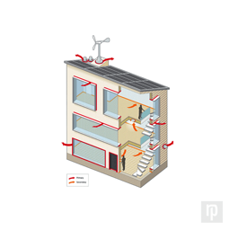 An architectural cut-away house, highlighting potential sources of heat loss