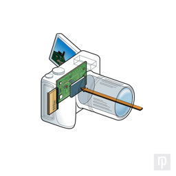 A vector illustration of a camera, showing internal features
